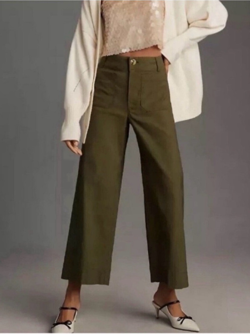 Anthropologie The Colette Linen Crop Wide-Leg Pants Green 30 Tall